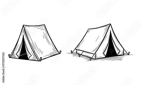 Hand drawn sketch style tents for camping adventure and outdoor recreation adventures