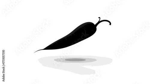 Spicy black chili pepper silhouette with reflection, floating on a clean white background. Minimalist vector graphic design element.