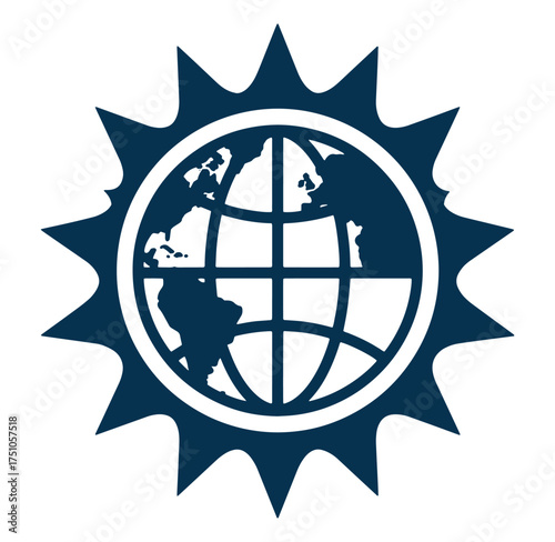 Global icon with stylized sun representing international connectivity and worldwide communication
