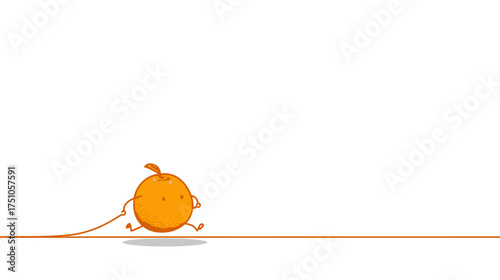 Cute whimsical orange character running and pulling a line, simple cartoon illustration on a clean white background with ample copy space.