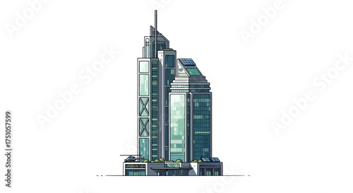 Stylized futuristic skyscraper design with intricate details and vibrant color palette showcasing modern urban architecture