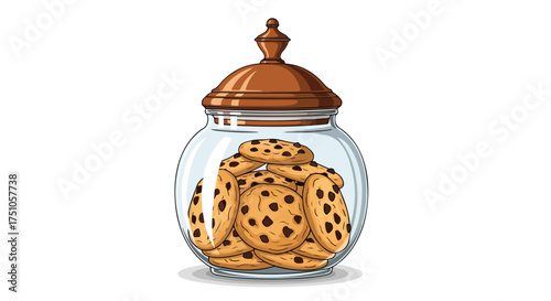 Whimsical Cookie Jar: A Tempting Treat Depicted in Cartoon Style with Chocolate Chip Delights Stacked High Inside a Classic Glass Container