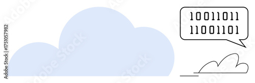 Large cloud representing storage and smaller cloud communicating with binary code speech bubble. Ideal for cloud computing, data sharing, networking, digital storage, technology, communication