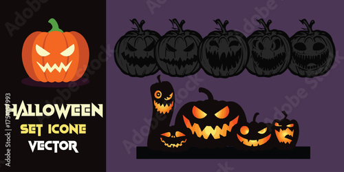 Spooky halloween jack-o'-lanterns and carved pumpkins set for festive decorations and graphic design elements