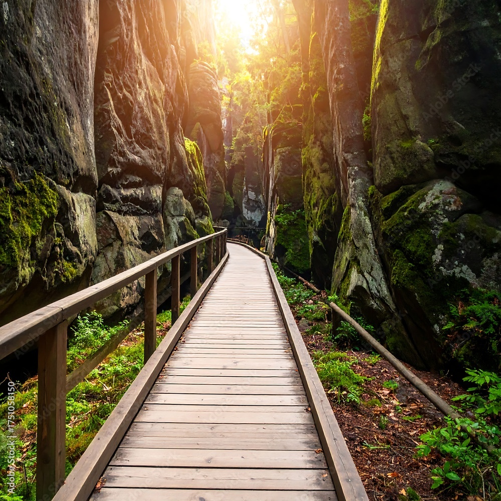 Obraz premium Wooden walkway through a narrow canyon with towering rock formations and sunlight