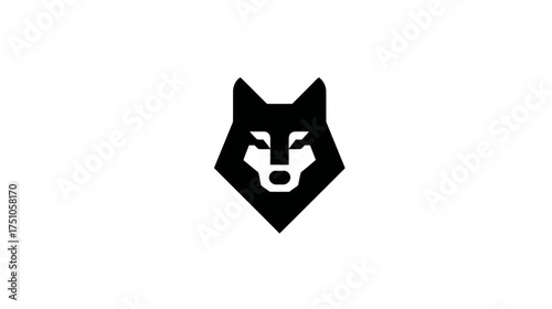 Minimalist geometric black wolf head silhouette icon on white background, symbol of strength, wild animal illustration