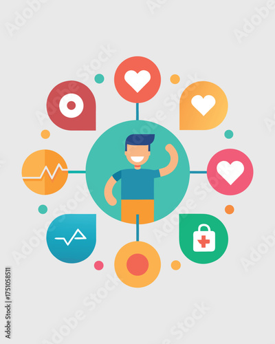 Person at center of connected health and wellness icons representing life balance