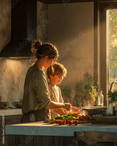 Wallpaper Mural Family cooking together in a warm kitchen, enjoying a sunny afternoon while preparing fresh ingredients Torontodigital.ca