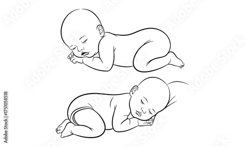 Two outline drawings of newborn babies crawling and resting on their stomachs with detailed features and simple linework