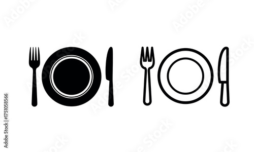 Set dining tableware icons two options fork knife plate meal service restaurant kitchen catering flat design