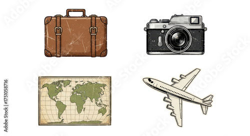Vintage travel essentials illustrations classic suitcase, old camera, world map, and airplane. Ideal for adventure, exploration, and global journeys