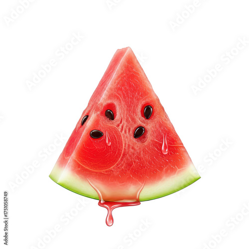 A juicy, triangular slice of red watermelon with black seeds, dripping with sweet juice, isolated on a clean white background