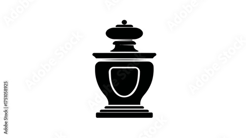 Elegant black silhouette of an ornate vintage-style bottle with a decorative stopper. Classic design, minimalist graphic, white background.