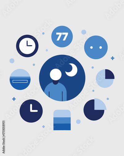 Sleep tracker app interface showing user sleep stages icons and charts for rest and wellness