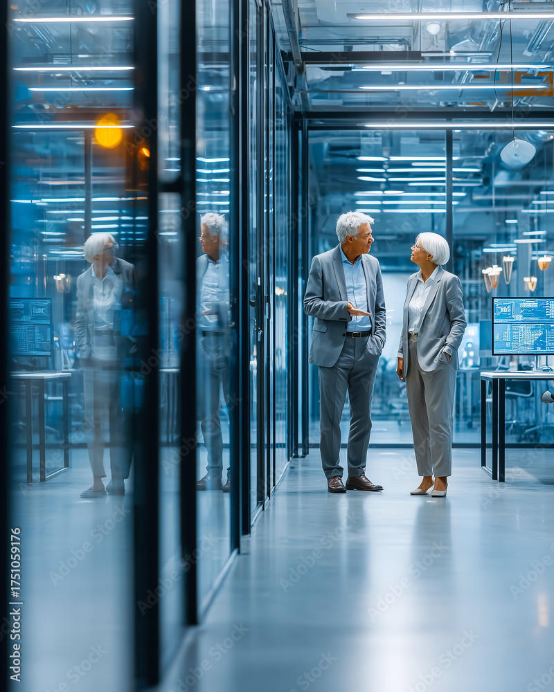 Obraz premium Older couple engaged in conversation inside a modern office space with glass walls and bright lighting