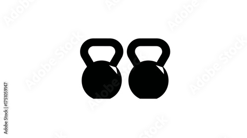 Two black kettlebells icon, fitness equipment for strength training and workout, isolated on a clean white background.