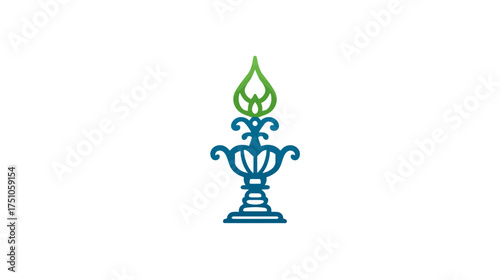 Elegant ornate graphic icon featuring an abstract urn with a green flame or leaf element. Modern decorative design in blue and green.