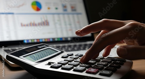 Close up of hands using a calculator with a laptop displaying financial charts and graphs in the background