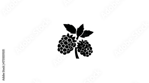 Minimalist black silhouette illustration of ripe raspberries with leaves on a white background, perfect for icons or graphic design.