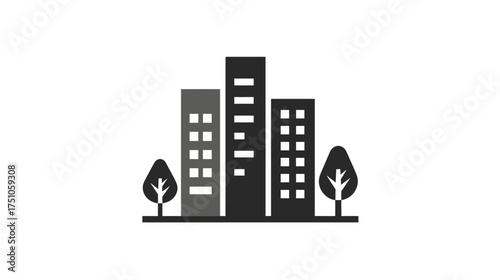 Minimalist Flat Design City Skyline Icon with Modern Buildings and Trees, Representing Urban Life and Development