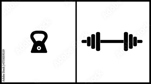 Simple black kettlebell and dumbbell icons on a white background, representing gym equipment, fitness, weightlifting, and exercise.