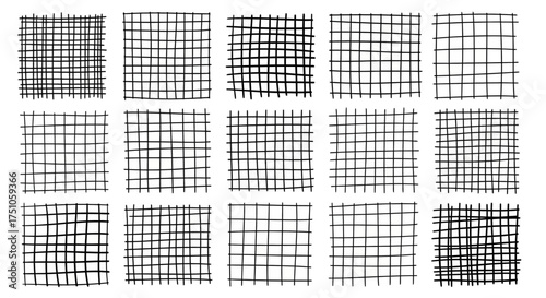 A collection of fifteen hand-drawn grid patterns with varying line densities and spacing.