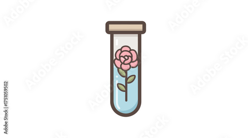 Minimalist cartoon icon: pink rose in a test tube, symbolizing plant science, botany, genetic engineering, research, and innovation.