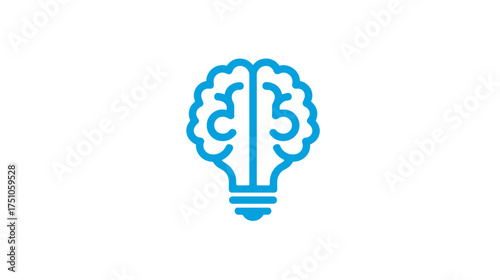Blue line art icon of a brain inside a lightbulb, symbolizing creativity, innovation, intelligence, and bright ideas. Thinking concept.