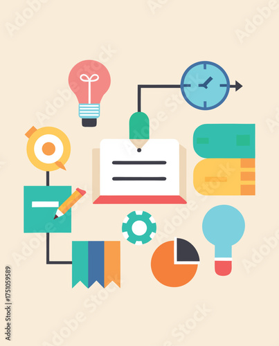 Creative business process flow chart with ideas and time management elements