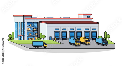 Illustrated distribution center with freight trucks showcasing logistical operations and inventory management for transport and shipping services