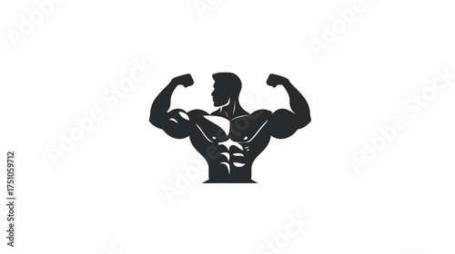 Muscular man silhouette flexing biceps, showcasing strong physique and power. Bodybuilding, fitness, and strength training concept graphic.