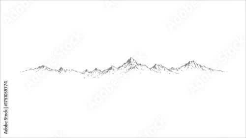 Minimalist hand-drawn mountain range line art illustration on white background, scenic natural landscape peaks silhouette sketch.