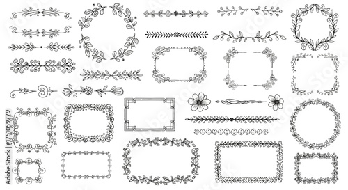 A collection of hand-drawn floral and leafy doodle borders, frames, and dividers in black outline on a white background, featuring various decorative organic elements.