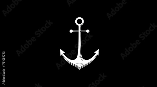 Classic white anchor illustration on a black background. Detailed nautical marine symbol drawing for design, stability, and sailing themes.