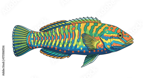 Vibrant rainbow colored fish illustration with a playful artistic depiction on an isolated background showcasing aquatic fauna with unique patterned