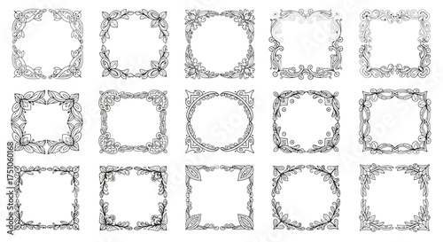 A collection of fifteen ornate black and white decorative frames with intricate floral and scrollwork designs, in various shapes including square, circular, and oval.