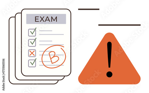 Exam papers graded with a B next to an orange warning triangle. Ideal for education, assessment, feedback, academic performance, improvement, awareness, caution themes. Simple flat metaphor