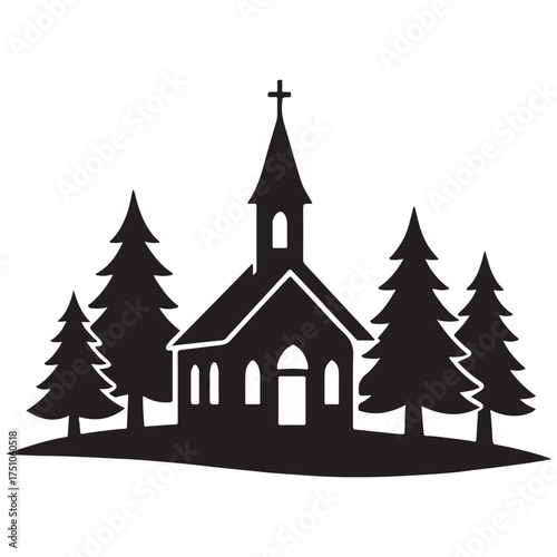 Church and Pine Trees Silhouette