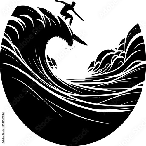 Ocean Wave Silhouette: A solitary surfer, a silhouette against the sun, rides a colossal wave, showcasing the power of nature and the thrill of surf.