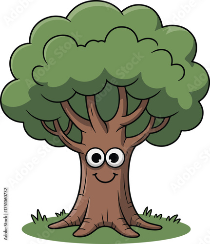 Happy cartoon tree with big eyes and a smiling face standing proudly outdoors