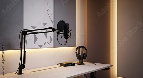 Podcast microphone on adjustable arm with modern minimalist interior