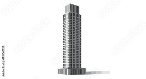 Architectural marvel: An artistic 3D render of a modern skyscraper against a stark white background showcasing precise details and elegant design