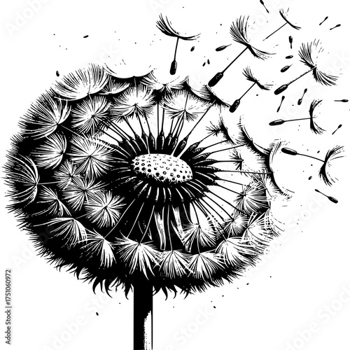 Dandelion Seed Head: A delicate dandelion seed head, captured in a detailed monochrome illustration. seeds gently blowing away, symbolizing freedom, wishes, and the ephemeral beauty of nature. 