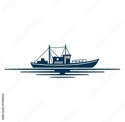 Minimalist dark blue illustration of a fishing boat floating on calm water