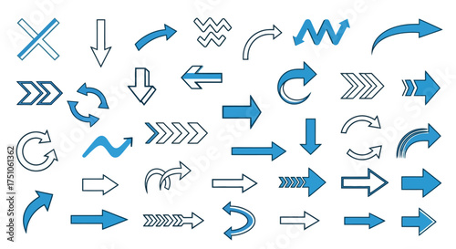 A collection of various arrow icons in blue and white, illustrating direction and movement.
