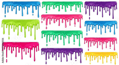 A collection of colorful dripping slime elements in various bright colors, isolated on a white background.