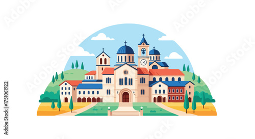 Detailed illustration of a European-style cathedral in a cartoon aesthetic with bright colors and architectural beauty showcased against a clear sky
