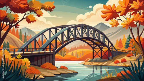 
Very beautiful traditional steel and wooden bridge spanning across a calm river surrounded by autumn trees in Laurel Maryland, USA.