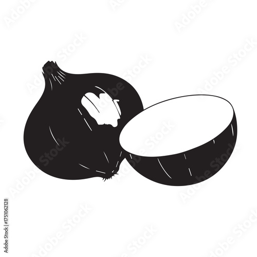 Onion Whole and Halved – Black and White Stylized Vegetable Illustration