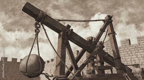 catapult. A medieval trebuchet on a castle battlement, loaded with a stone against a cloudy sky. real-estate listings.
